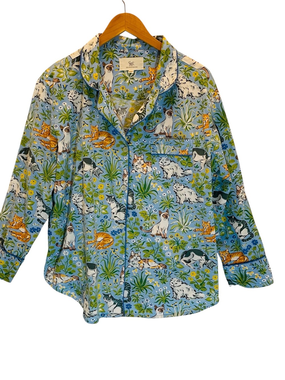 Printfresh Must Love Cats Long Sleeve PJ Cotton Button-Up Blue Top Size L
